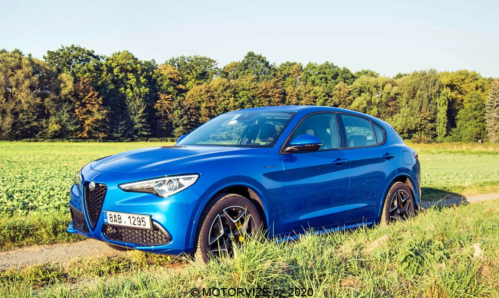 Vista de três quartos de um Alfa Romeo Stelvio 2017 azul, mostrando seu design moderno e esportivo de SUV, com a frente voltada para a esquerda e tanto o perfil lateral quanto a fascia frontal visíveis, incluindo a grande grade proeminente com logotipo, faróis elegantes, rodas de liga leve e linhas esculpidas. Posicionado ao lado de uma estrada gramada com um campo natural ao fundo, sugerindo um ambiente rural ou semi-rural.