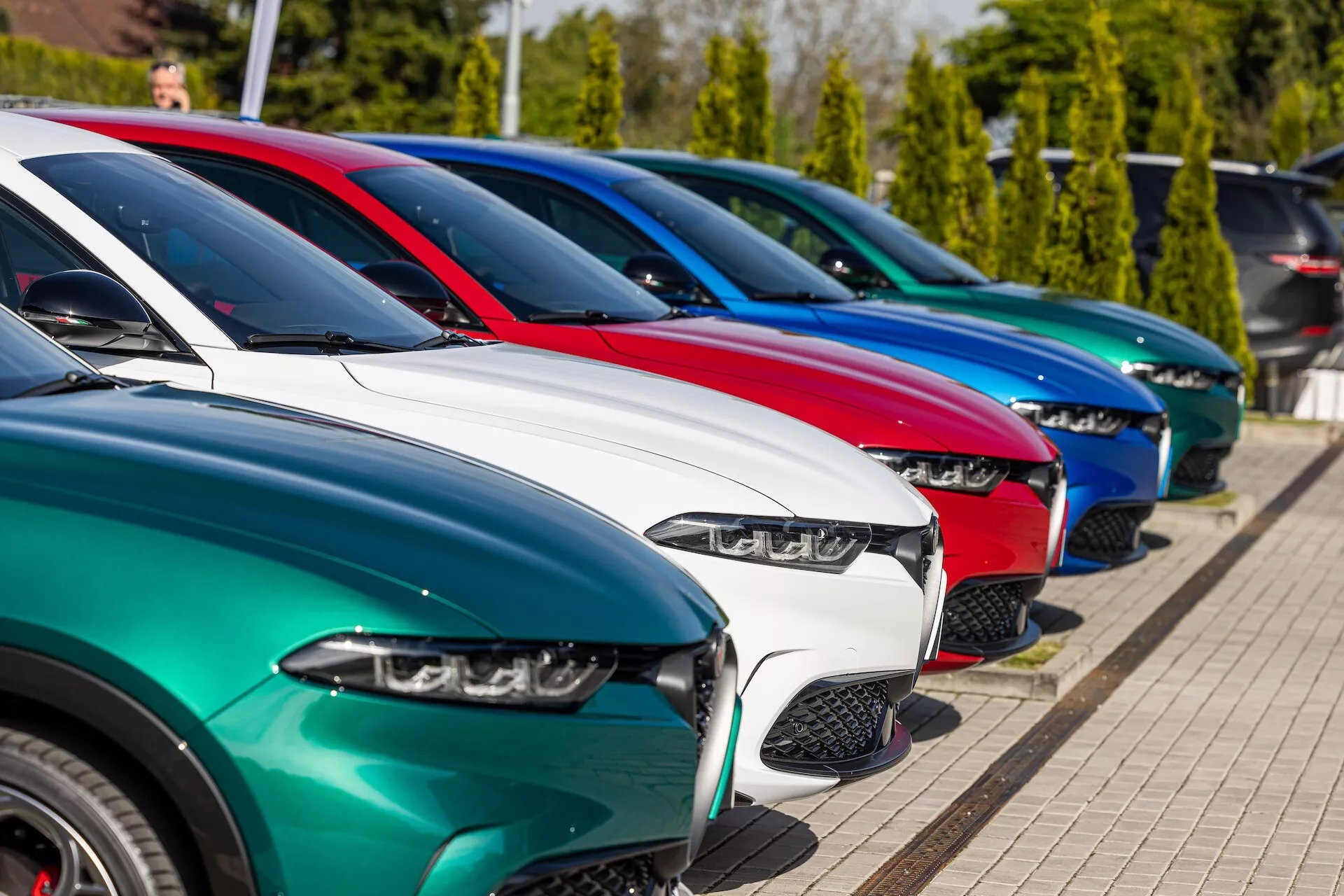 Fila de modelos Alfa Romeo Tonale 2022 estacionados diagonalmente mostrando visão frontal de três quartos destacando faróis LED, designs de grade variados, acabamentos de pintura brilhante e rodas de liga leve sob luz solar brilhante com fundo de vegetação