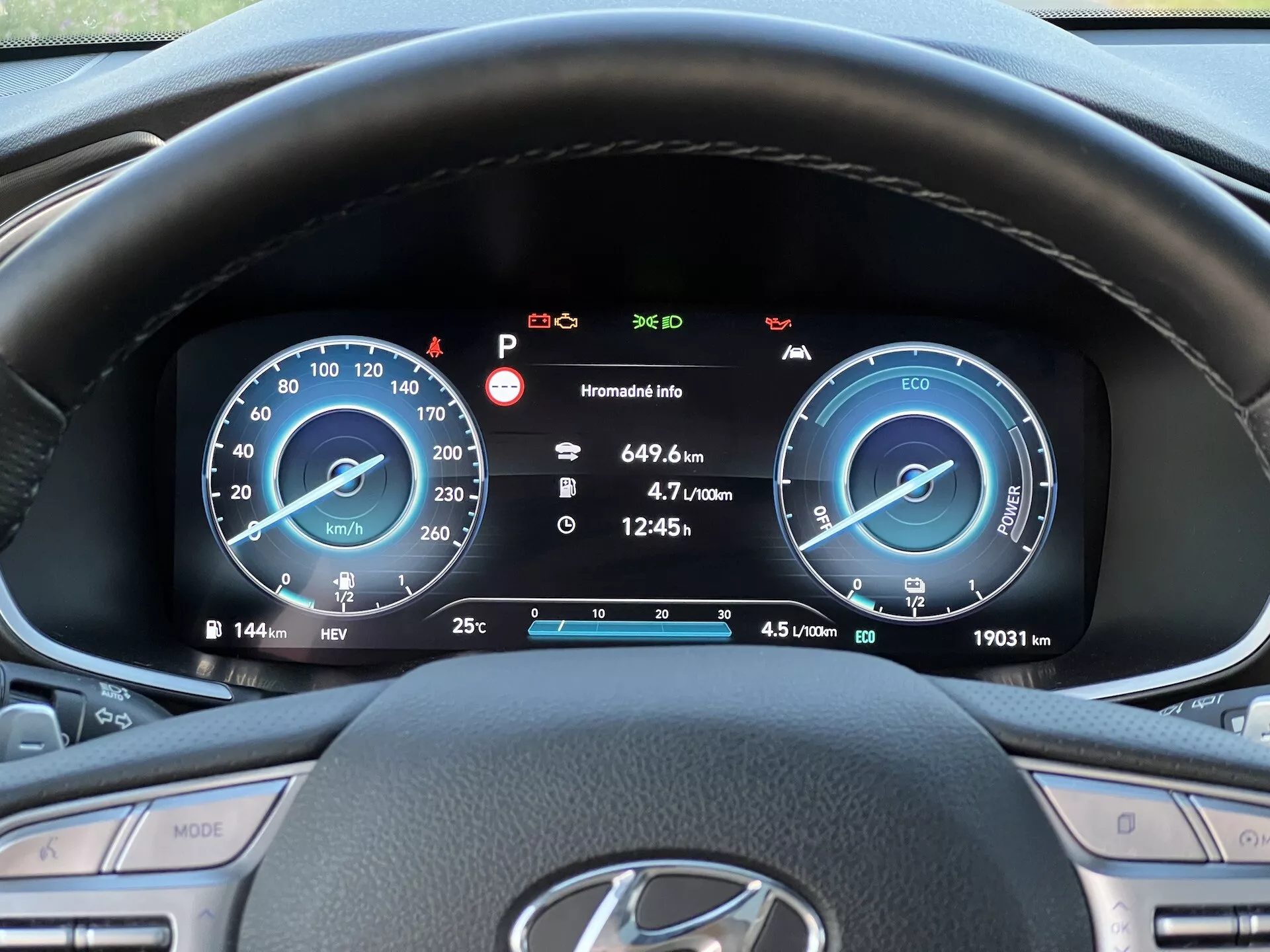 Imagem interna do Hyundai Santa Fe 2020, vista da perspectiva do motorista, focando no painel de instrumentos. A imagem mostra um volante com botões multifuncionais para controle de cruzeiro, mídia e configurações do veículo; o botão 'MODE' é visível à esquerda. Atrás do volante há um painel de instrumentos digital com um velocímetro graduado de 0 a 260 km/h e um indicador de potência em modo ECO, sugerindo uma motorização híbrida. O display também inclui um indicador de combustível, ícone de freio de estacionamento, alerta de porta aberta, alertas de manutenção e luzes. O odômetro mostra 19.031 quilômetros com medidores de viagem e vários ícones informativos na parte inferior.