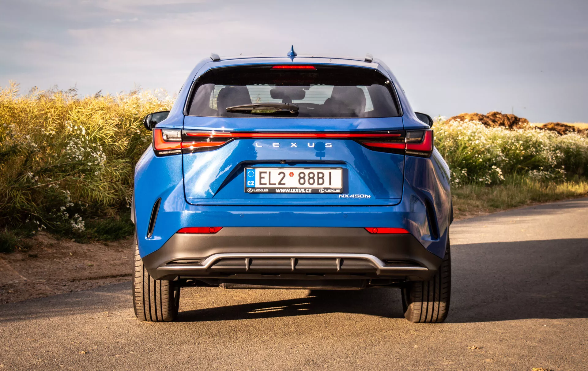 Vista traseira de um Lexus NX azul de 2021 de um ângulo baixo, enfatizando a construção sólida e características de design como lanternas traseiras LED, para-brisa traseiro, spoiler, distintivos claros, para-choque traseiro com difusor, sensores de estacionamento, refletores e escapamento duplo, contra um fundo natural sob céu limpo.