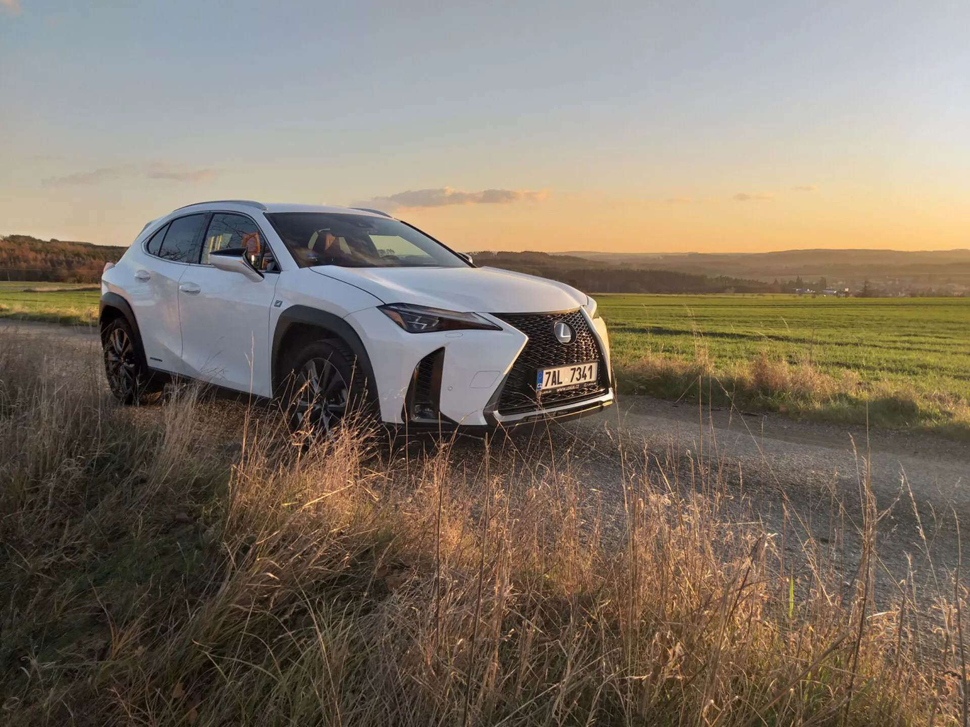 SUV crossover de luxo compacto Lexus UX 2019 com acabamento metálico dirigindo na estrada