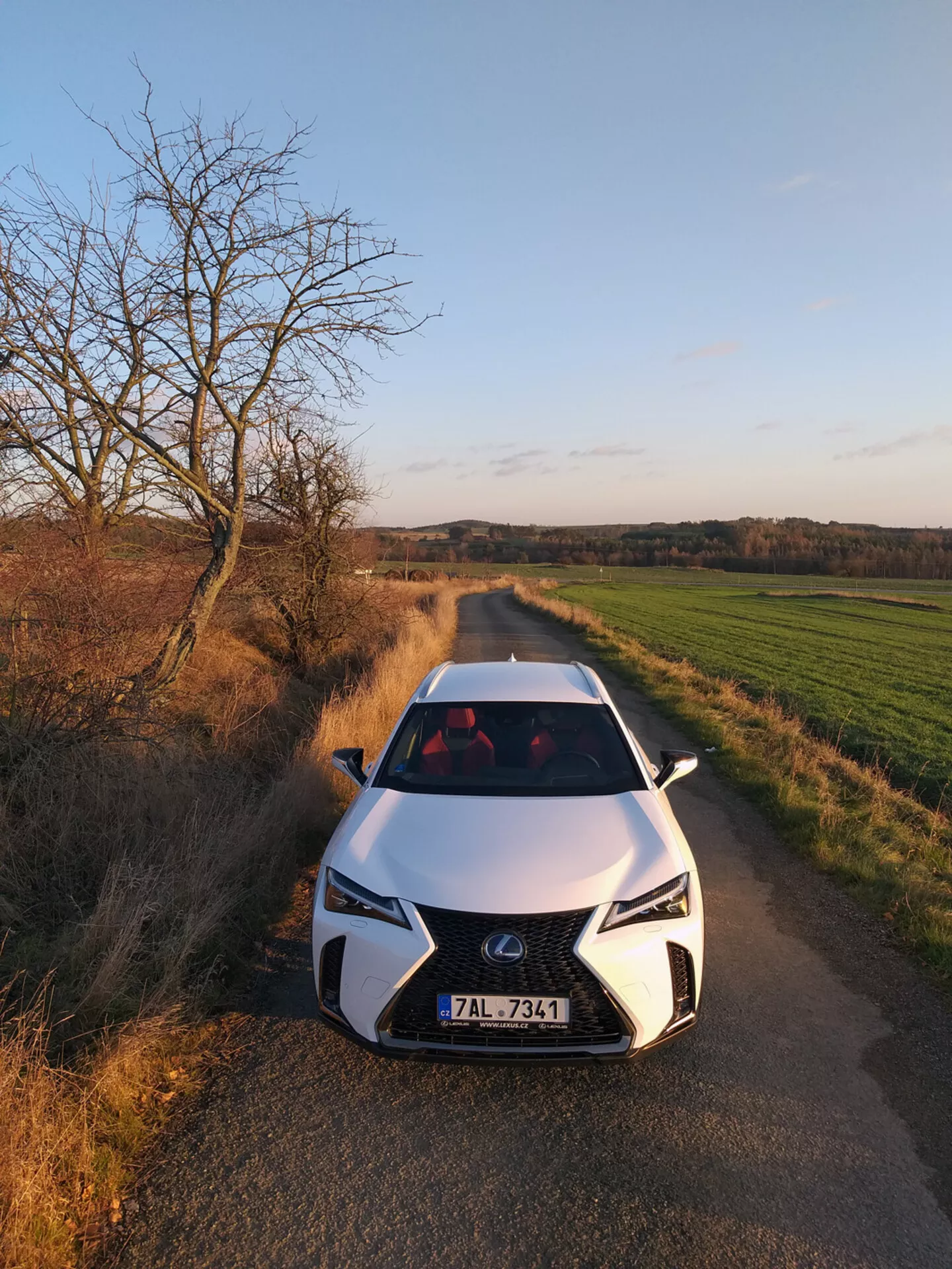 Lexus UX 2019 mostrado de um ângulo frontal alto em uma estrada rural, apresentando grade em forma de fuso, faróis LED e design aerodinâmico do capô sugerindo tecnologia automotiva avançada.