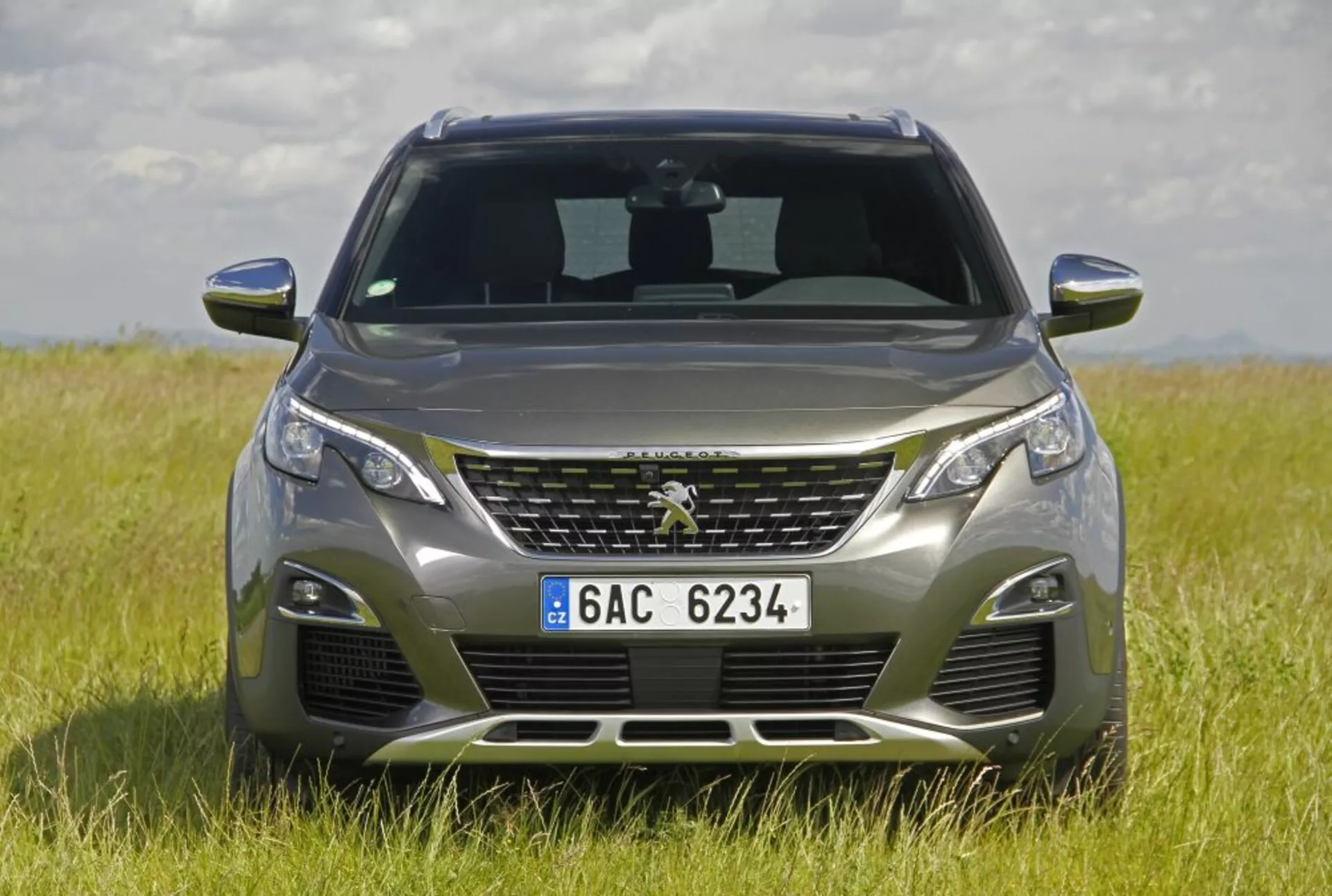 Captura frontal de uma van Peugeot 5008 de 2013 contra um campo gramado e céu parcialmente nublado, exibindo sua grade com acabamento em cromo e emblema, design elegante dos faróis, linhas aerodinâmicas do capô e detalhes do para-choque dianteiro incluindo entradas de ar e disposições para faróis de neblina.