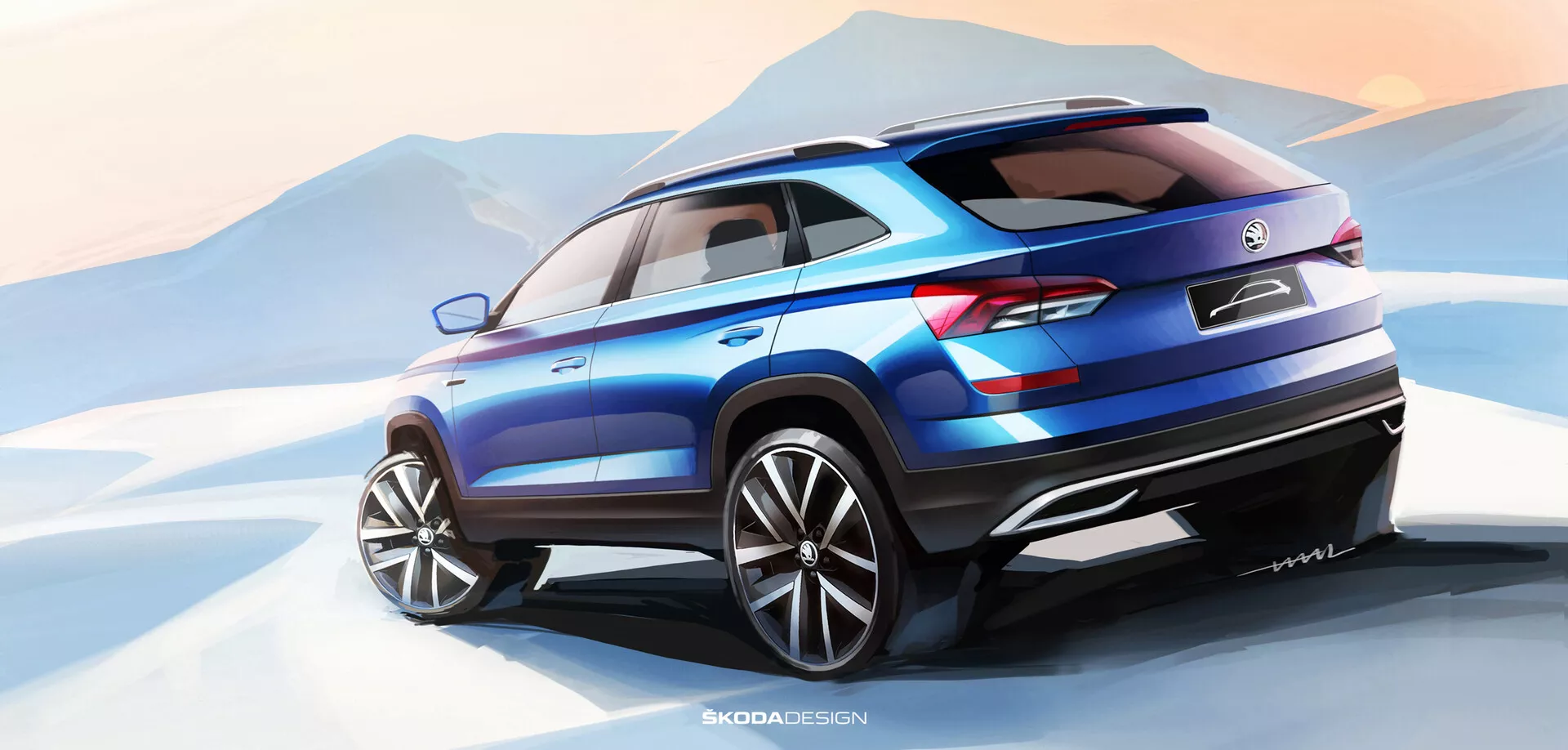 Representação gráfica do Skoda Kamiq 2019 em azul vibrante, mostrando um design moderno de SUV com grandes rodas e luzes traseiras LED, visto de uma perspectiva traseira de três quartos contra uma paisagem montanhosa estilizada.
