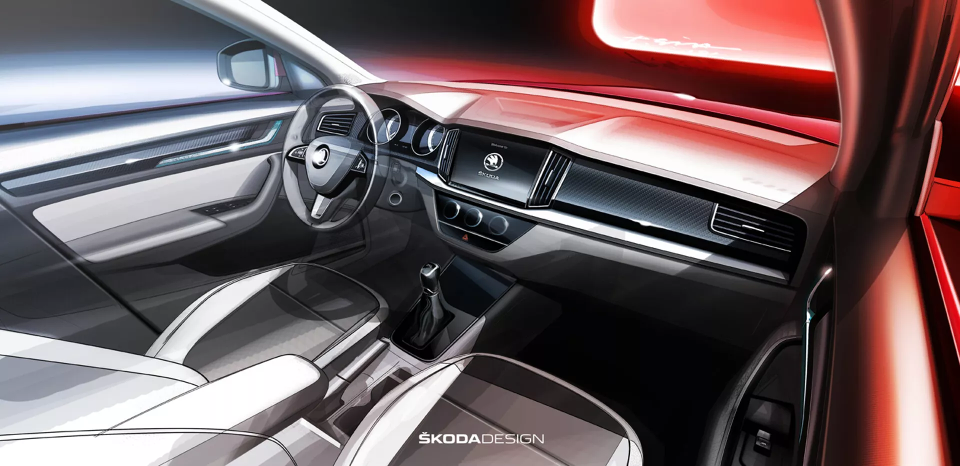 Interior do Škoda Kamiq 2019 a partir da consola central apresentando uma vista de grande ângulo em direção à porta do passageiro, destacando um tablier elegante com display de infotainment integrado, consola central minimalista, alavanca de mudanças automática moderna, vista parcial do volante multifunções de dois braços, realces de iluminação ambiente, e materiais de alta qualidade enfatizando elementos de design tecnológico e de luxo.