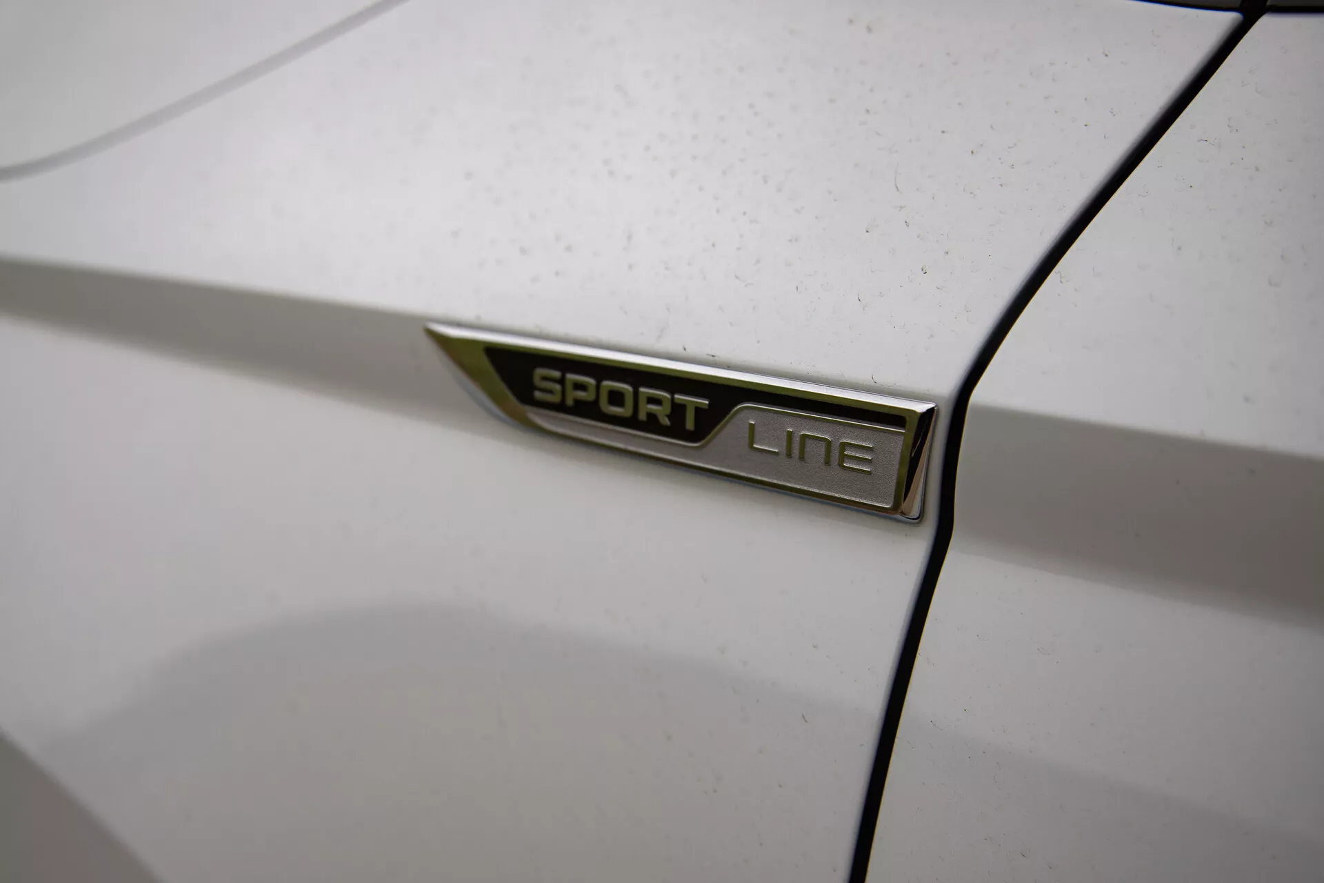 Vista aproximada do emblema SPORT LINE do Skoda Karoq 2021 em fonte sans-serif negrito prateada com um detalhe verde no corpo do carro, mostrado em um ângulo oblíquo com profundidade de campo rasa em um fundo branco levemente poeirento, destacando os detalhes da variante do modelo do carro.