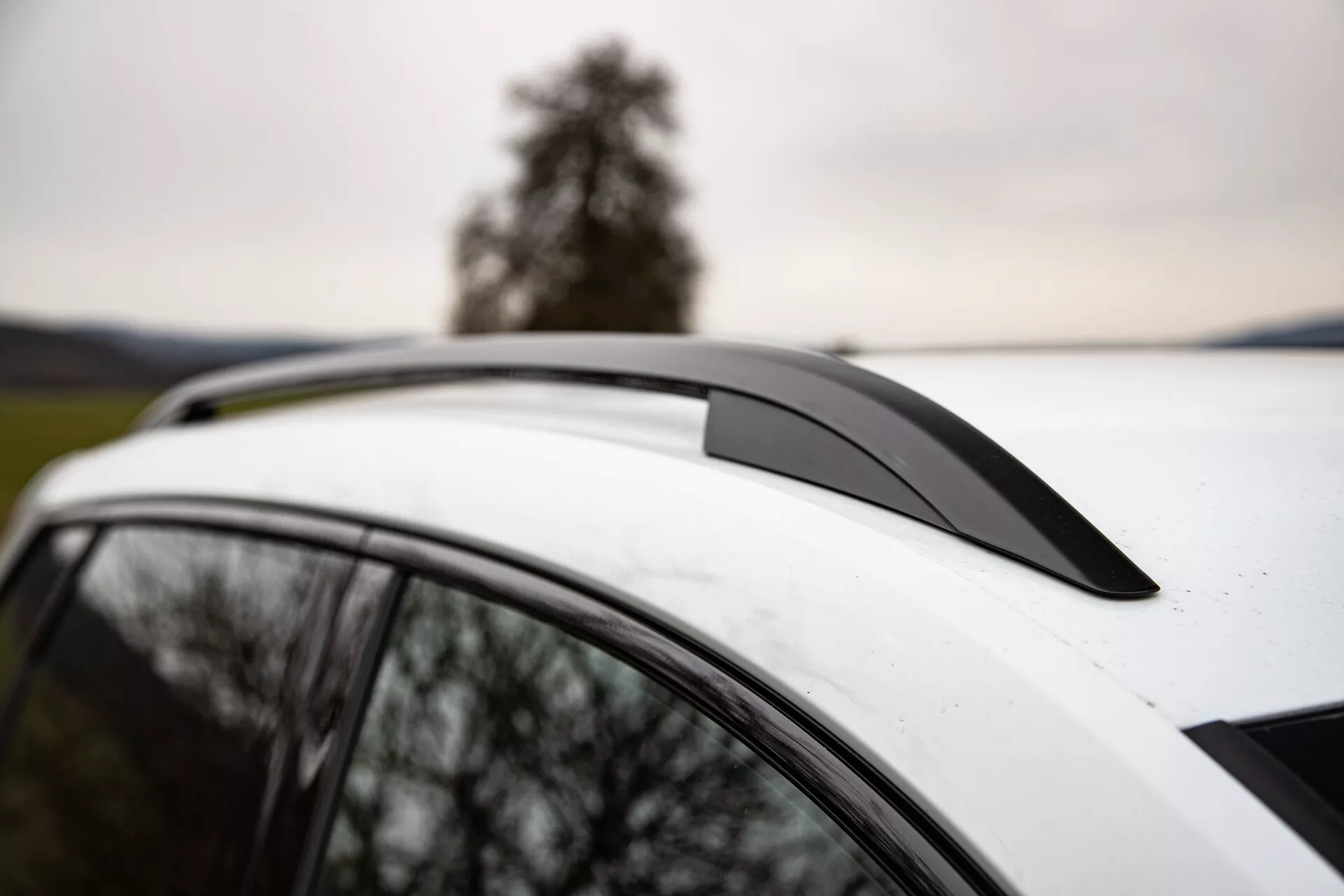 Vista detalhada de um Skoda Karoq 2021 mostrando o spoiler do teto, teto branco com teto solar panorâmico e barras de teto integradas contra um fundo de uma árvore e céus nublados, enfatizando o design aerodinâmico do veículo, características de luxo e capacidades de utilidade.