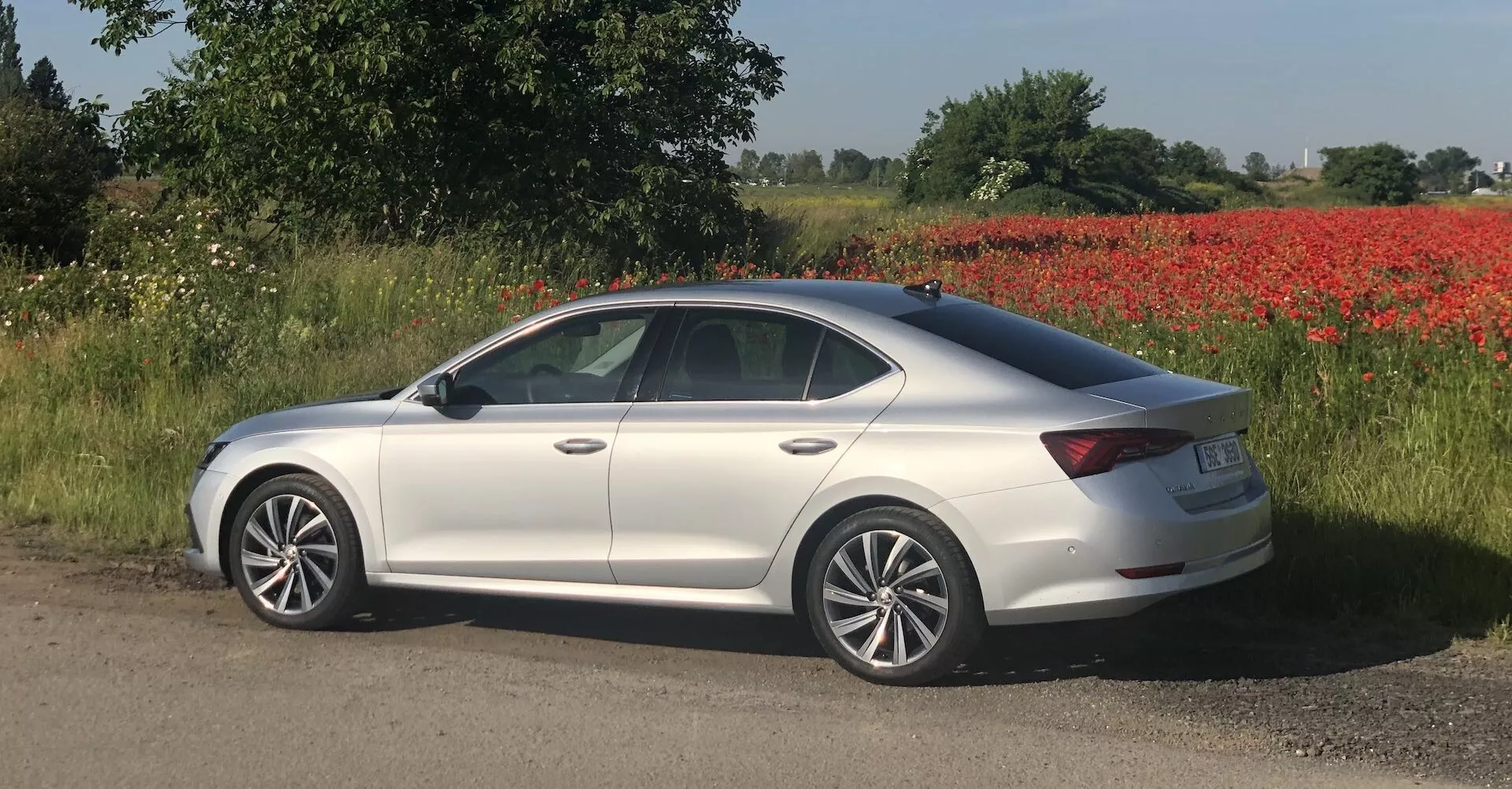 Vista de perfil lateral de um sedã Skoda Octavia 2020 na cor prata, estacionado em um caminho de cascalho com um campo e árvores ao fundo. O veículo apresenta uma linha de teto elegante e levemente inclinada que transita para uma tampa curta de porta-malas, característica de um sedã moderno. Possui quatro portas, retrovisores na cor da carroceria e acabamento cromado ao redor das janelas. As rodas de liga leve têm um design multifalante, e as maçanetas das portas também são na cor da carroceria. Um leve vinco percorre o lado, adicionando ao seu aspecto dinâmico. Os sensores nos retrovisores podem indicar tecnologia de monitoramento de ponto cego. O ambiente inclui um patch vívido de flores vermelhas, possivelmente papoulas.
