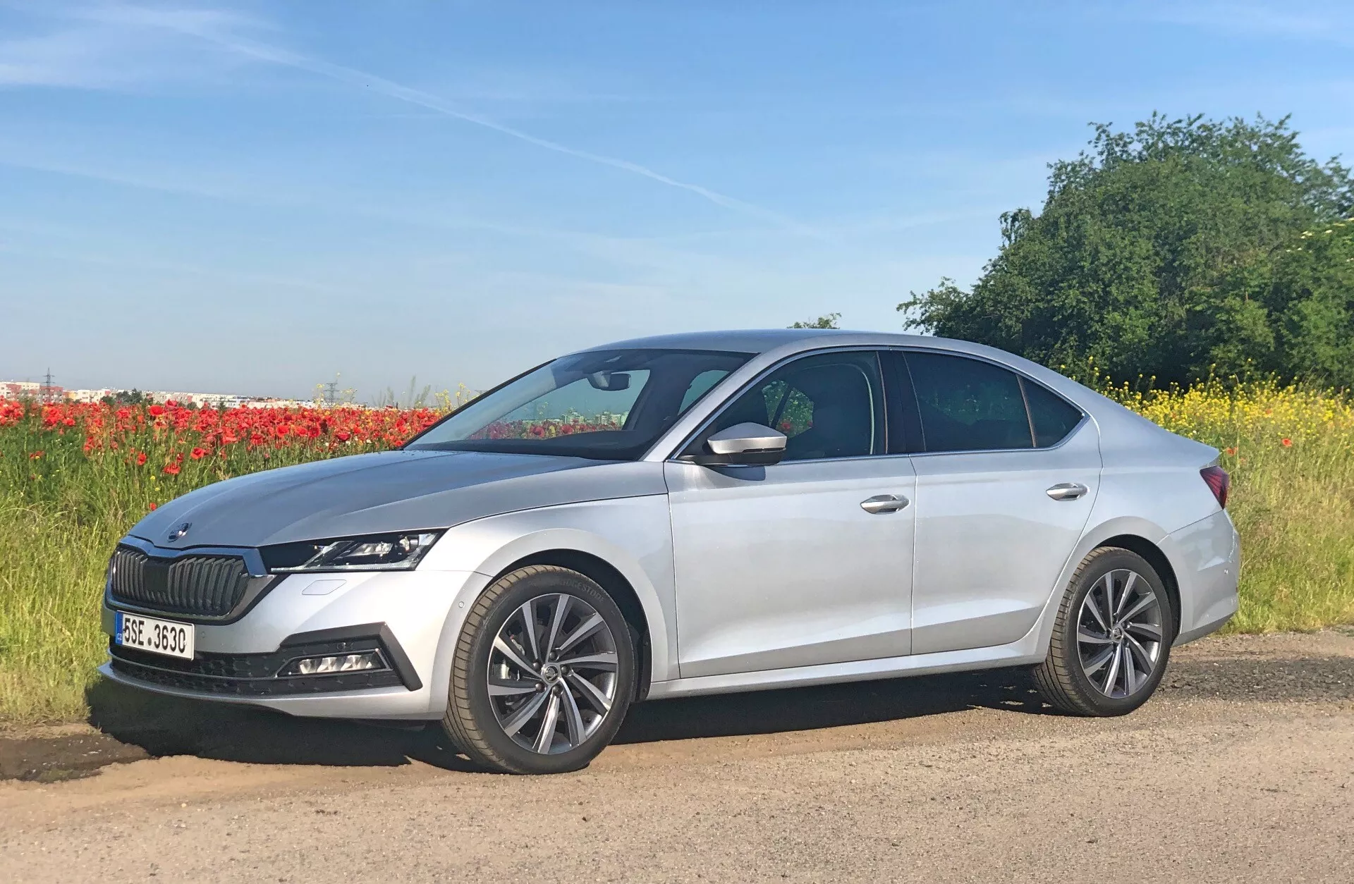 A imagem mostra um sedan prateado de quatro portas, especificamente o Skoda Octavia 2020 (Octavia-Limousine), estacionado ao lado de uma estrada com um cenário natural composto por um campo e uma linha de árvores. Fotografado de um ângulo de perfil lateral ligeiramente à frente do carro, apresenta rodas de liga leve com múltiplos raios, faróis angulares elegantes em LED e uma grade proeminente com lâminas verticais. O design moderno inclui linhas esculpidas na carroceria e um contorno inclinado do teto, com espelhos laterais integrados com sinalizadores de direção. Outras características visíveis incluem uma antena traseira e sensores no para-choque dianteiro que indicam sistemas avançados de assistência ao motorista.