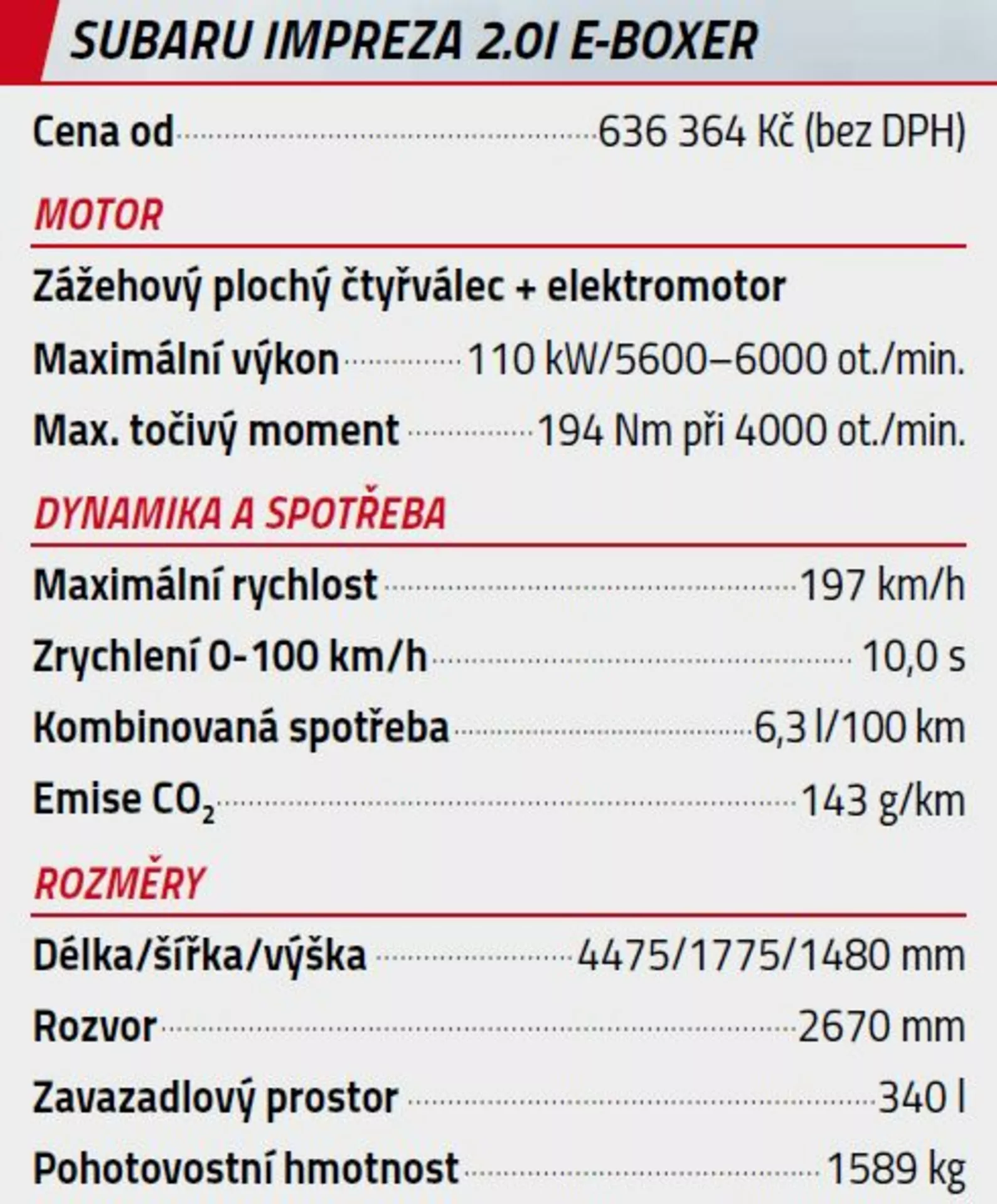 Gráfico de especificações para Subaru Impreza 2.0i E-BOXER 2018 mostrando preço, detalhes do motor, potência, torque, desempenho, velocidade, aceleração, consumo de combustível, emissões de CO2, dimensões, distância entre eixos, volume de carga e peso em língua tcheca