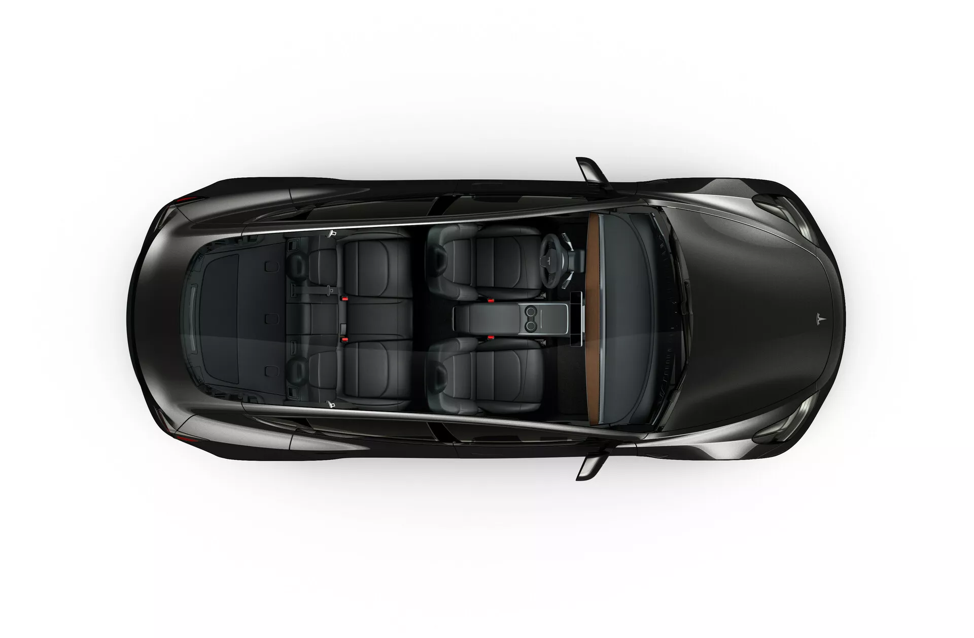 Imagem de visão aérea de um Tesla Model 3 2019 (1ª geração). A imagem mostra toda a parte superior do veículo, destacando um design elegante e moderno. A frente do carro está voltada para a parte inferior da imagem e a traseira está orientada para o topo. Características chave deste ângulo incluem um teto panorâmico, uma linha de corpo nítida que enfatiza a forma aerodinâmica e quatro maçanetas de porta. O carro tem um design esportivo e compacto com pintura preta. Os assentos interiores são visíveis através das janelas e do teto panorâmico, dispostos em uma configuração de duas filas com assentos dianteiros esportivos ou de luxo e um banco traseiro. Nenhum recurso externo, como espelhos, para-choques ou rodas, é visível nesta visão aérea.