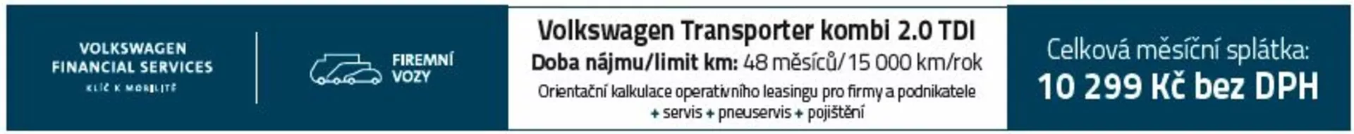 Banner de propaganda de leasing para Volkswagen Transporter Kombi 2.0 TDI exibindo preço de 10.299 Kč sem IVA e termos de quilometragem de 48 km/mês | 15.000 km/ano