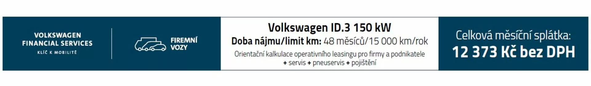 Anúncio banner para os Serviços Financeiros Volkswagen apresentando Volkswagen ID.3 com 150 kW de potência, ofertas de pagamento mensal e detalhes financeiros