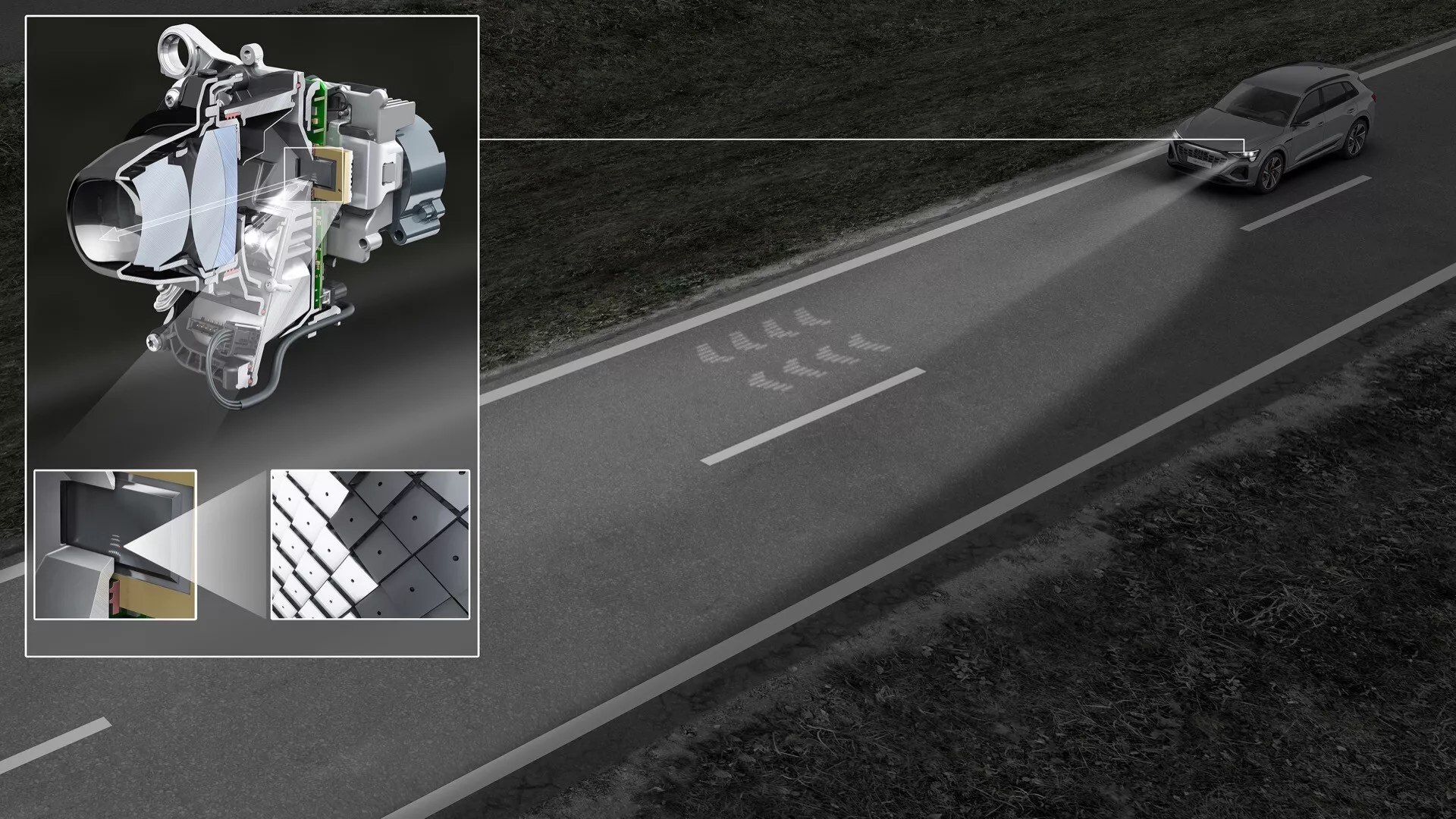 Imagem composta que destaca os sistemas de sensoriamento avançados do Audi Q8 e-tron 2023 para condução assistida, apresentando uma vista elevada do carro numa estrada ao crepúsculo, uma vista explodida do módulo de canto mostrando componentes de direção e suspensão, e inserções que demonstram tecnologia de sensores de estrada e veículo para assistência de manutenção de faixa e interação com sistemas de transporte inteligentes.