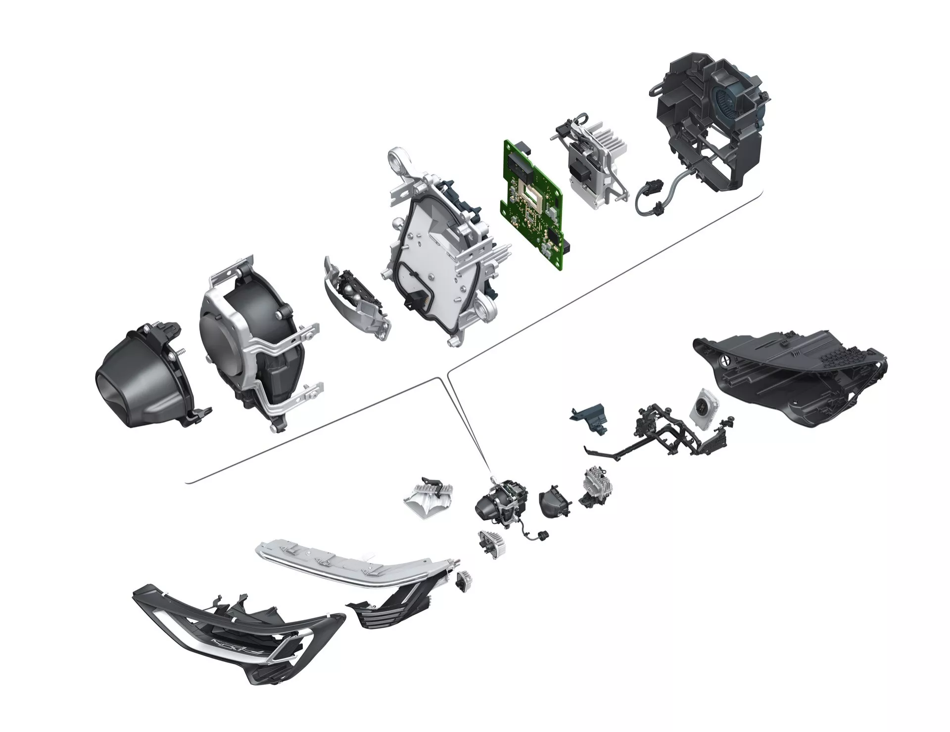 Vista explodida do Audi Q8 e-tron 2023 (GE) mostrando vários componentes automotivos incluindo caixa de transmissão, suportes de montagem, conjuntos de engrenagens, possível ponto de montagem da suspensão, peça aerodinâmica inferior, caixa de transmissão, capas protetoras de peças e um módulo de controle eletrônico contra um fundo de estilo manual técnico