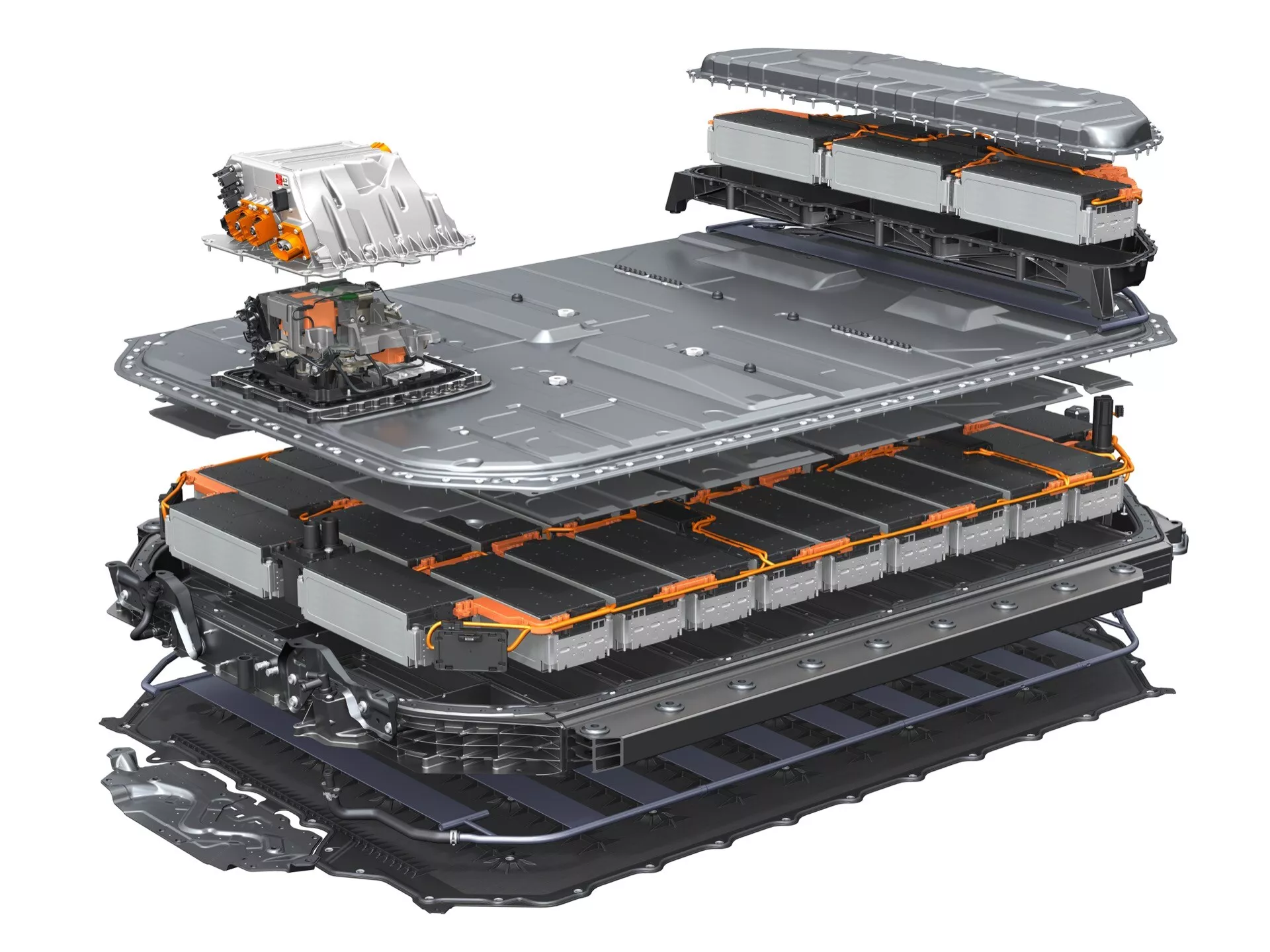 Vista isométrica de um pacote de bateria de veículo elétrico Audi Q8 e-tron 2023 desmontado mostrando camadas e componentes detalhados incluindo células de íon de lítio, sistema de gerenciamento de bateria e proteção estrutural