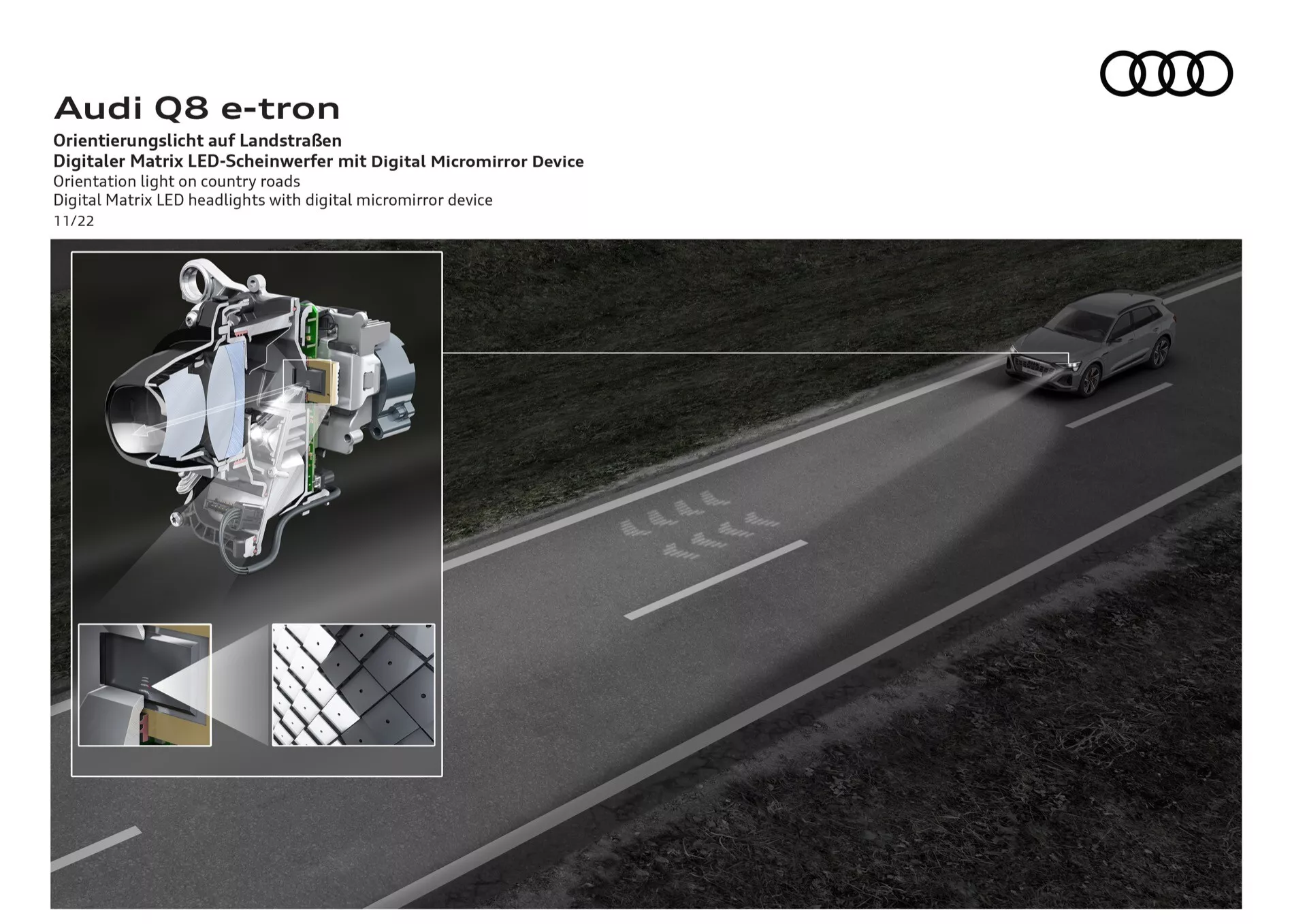 Audi Q8 e-tron 2023 dirigindo numa estrada rural à noite, mostrando tecnologia avançada de faróis LED a partir de uma perspectiva elevada traseira esquerda, incluindo inserção detalhada dos componentes do farol