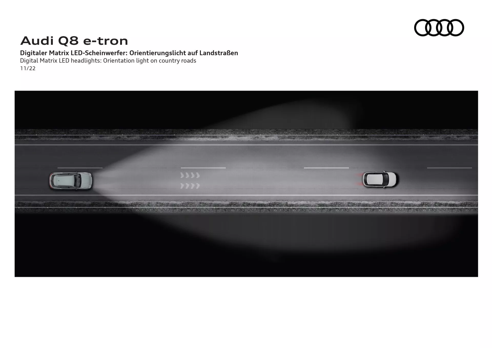 Faróis Digital Matrix LED do Audi Q8 e-tron 2023 mostrando luz de orientação em estradas rurais, ilustrando tecnologia de iluminação avançada com padrões de luz precisos em asfalto escuro