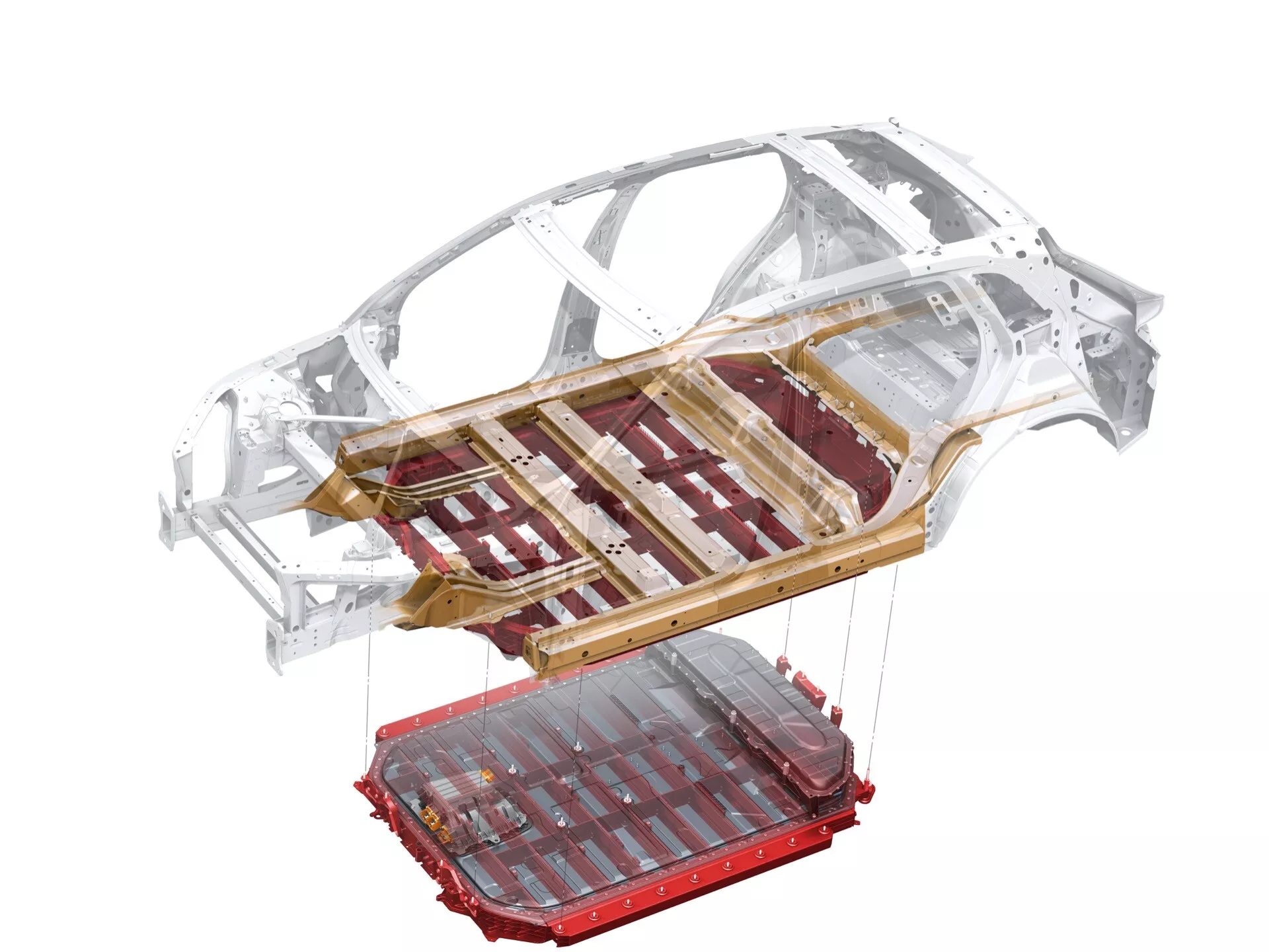 Chassi do Audi Q8 e-tron 2023 mostrando a estrutura do quadro e a carroçaria em branco de um ângulo superior, destacando a estrutura esquelética usada na construção de veículos modernos sem painéis de carroceria externos ou componentes internos