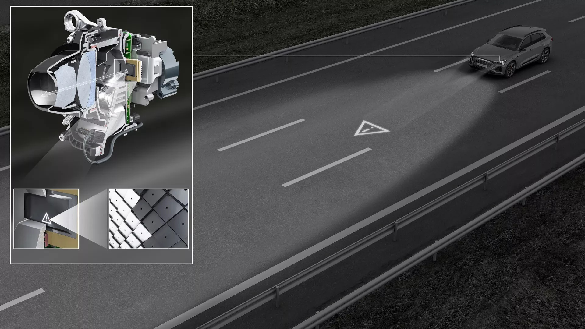 Audi Q8 e-tron GE 2023 com sistema avançado de assistência ao condutor, vista de cima para uma sedan na faixa da direita, e detalhes de tecnologia incluindo mecanismo de sensor, padrão de banda de rodagem do pneu e ilustração do composto de material