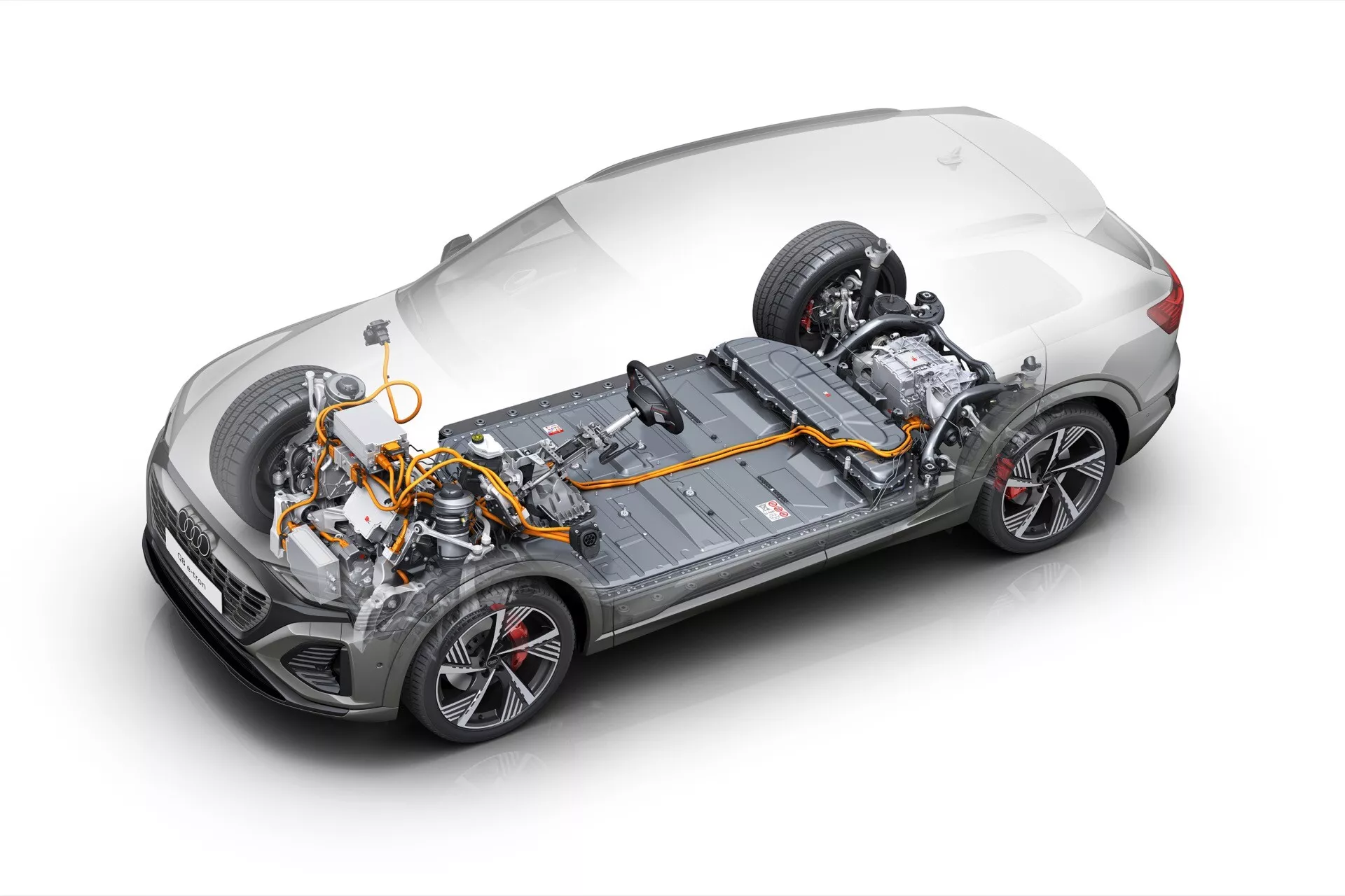 Imagem digitalmente realçada do Audi Q8 e-tron 2023 exibindo uma vista semitransparente que destaca o sistema de propulsão elétrica e componentes internos de um ângulo alto frontal-direito