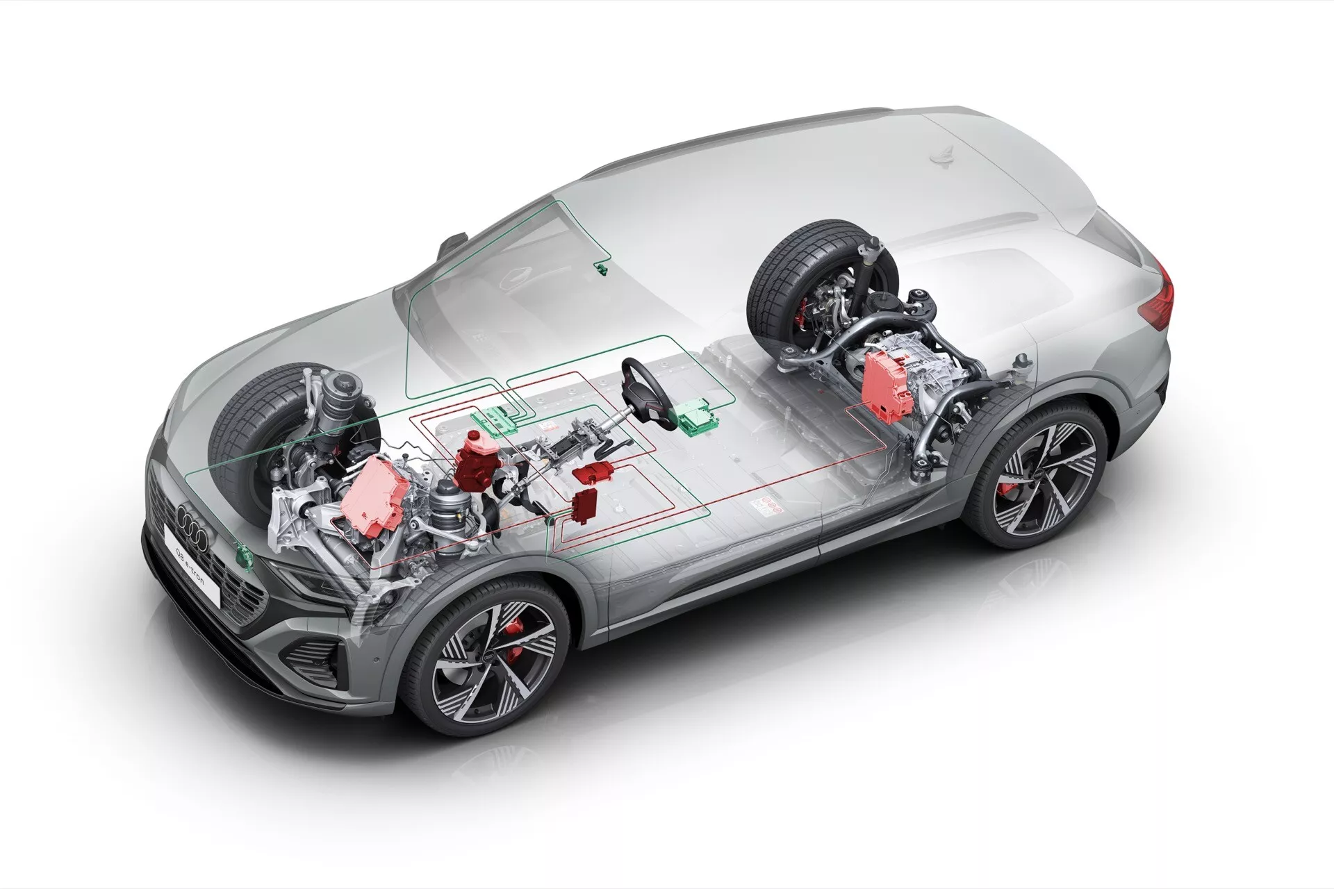 Renderização digital do Audi Q8 e-tron 2023 mostrando vista aérea com seções transparentes revelando motor dianteiro, motor traseiro e pack de bateria verde central indicando tecnologia elétrica ou híbrida.