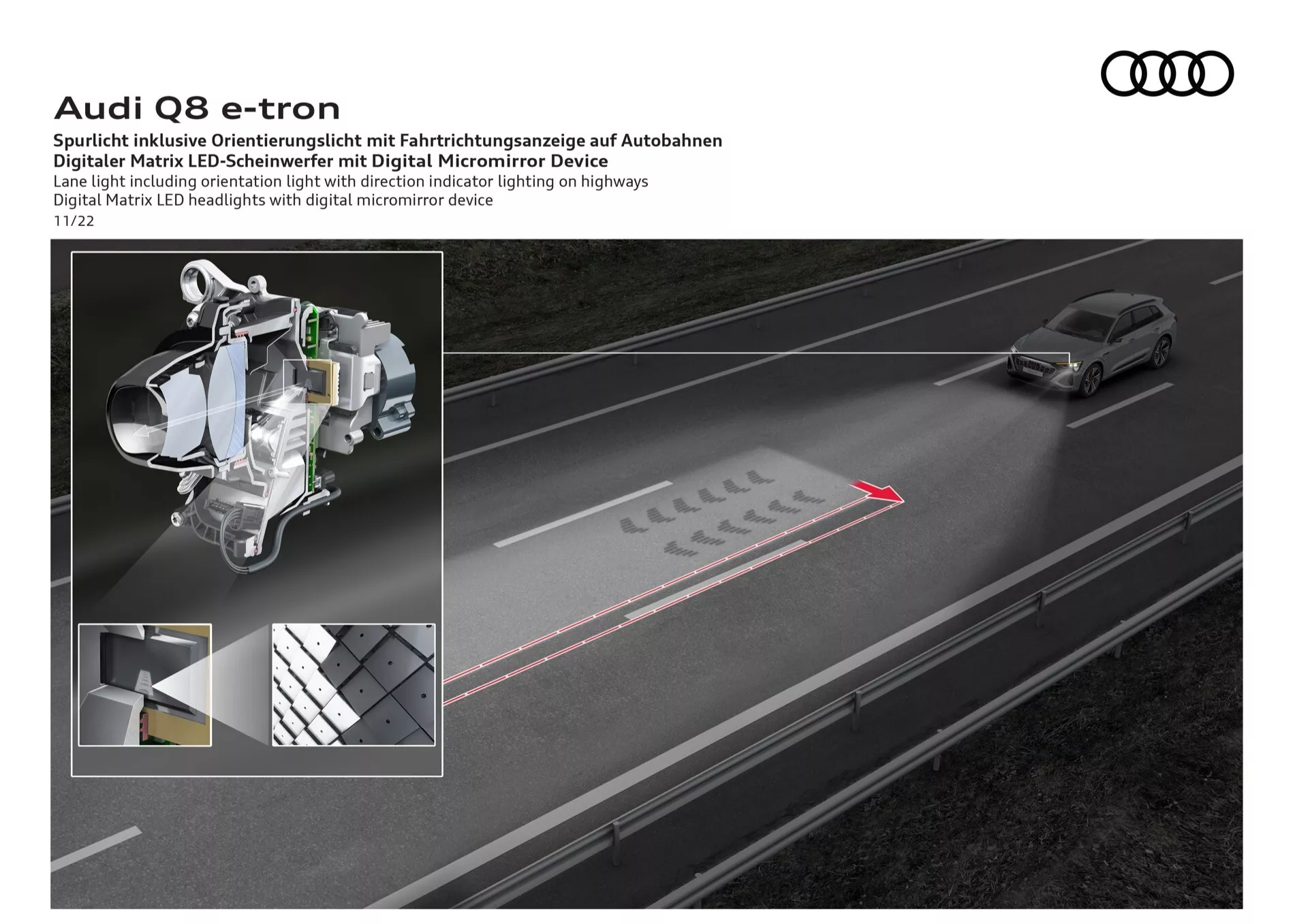 Audi Q8 e-tron 2023 exibindo faróis Digital Matrix LED projetando setas de navegação na autoestrada, apresentando tecnologia avançada de faróis com detalhes de padrões internos, elementos emissores de luz e tecnologia de microespelho para orientação direcional em tempo real.