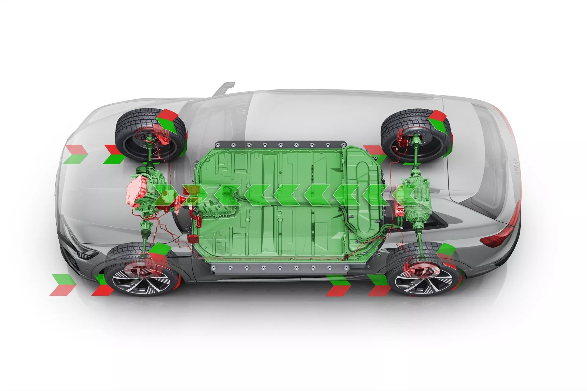 Vista superior transparente detalhada do Audi Q8 e-tron 2023 revelando componentes internos, incluindo um grande pacote de bateria verde e motores elétricos com tração integral