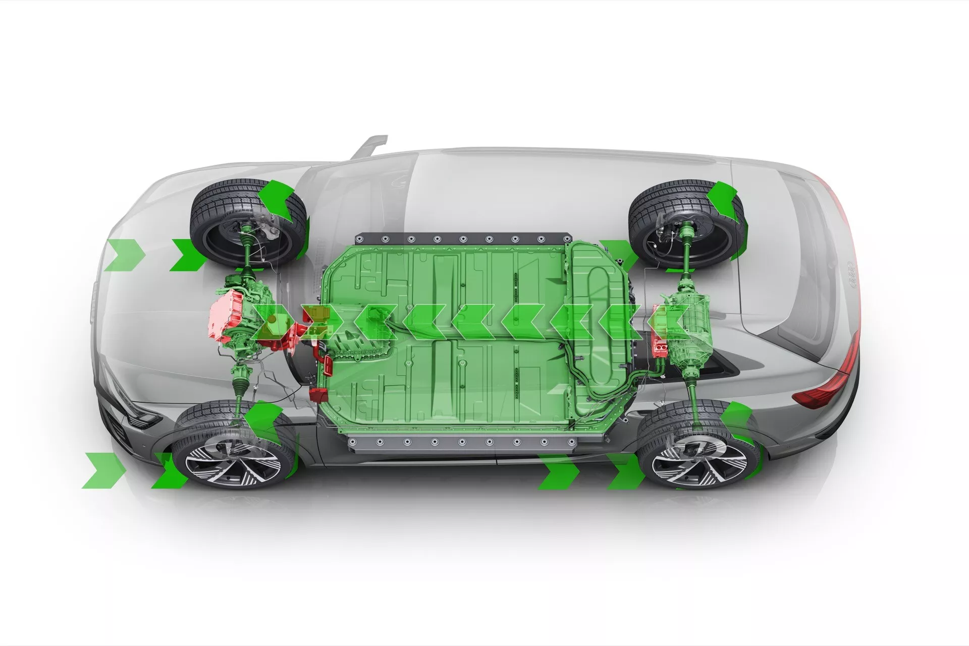 Vista superior do Audi Q8 e-tron 2023 revelando a tecnologia de propulsão elétrica interna, incluindo um grande pacote de bateria central e motores individuais para cada roda para tração integral, destacada com setas direcionais verdes e características de design semi-transparentes.