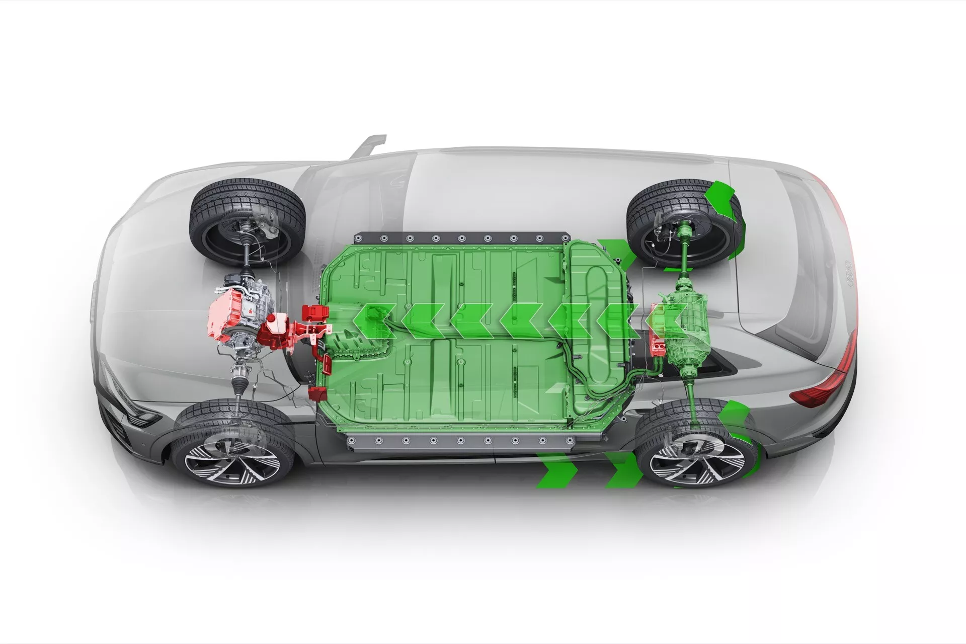 Representação gráfica do Audi Q8 e-tron 2023 destacando componentes elétricos internos e pacote de baterias com peças codificadas por cores, capturada de uma vista aérea em um fundo branco
