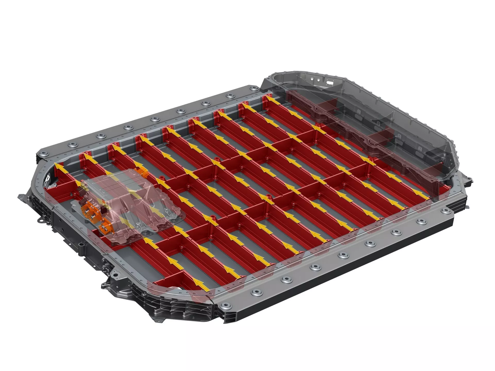 Vista detalhada do pacote de baterias de um carro elétrico mostrando sua estrutura interna com filas de células de íon de lítio, projetado para alta capacidade e armazenamento eficiente de energia, relevante para discussões sobre tecnologia EV