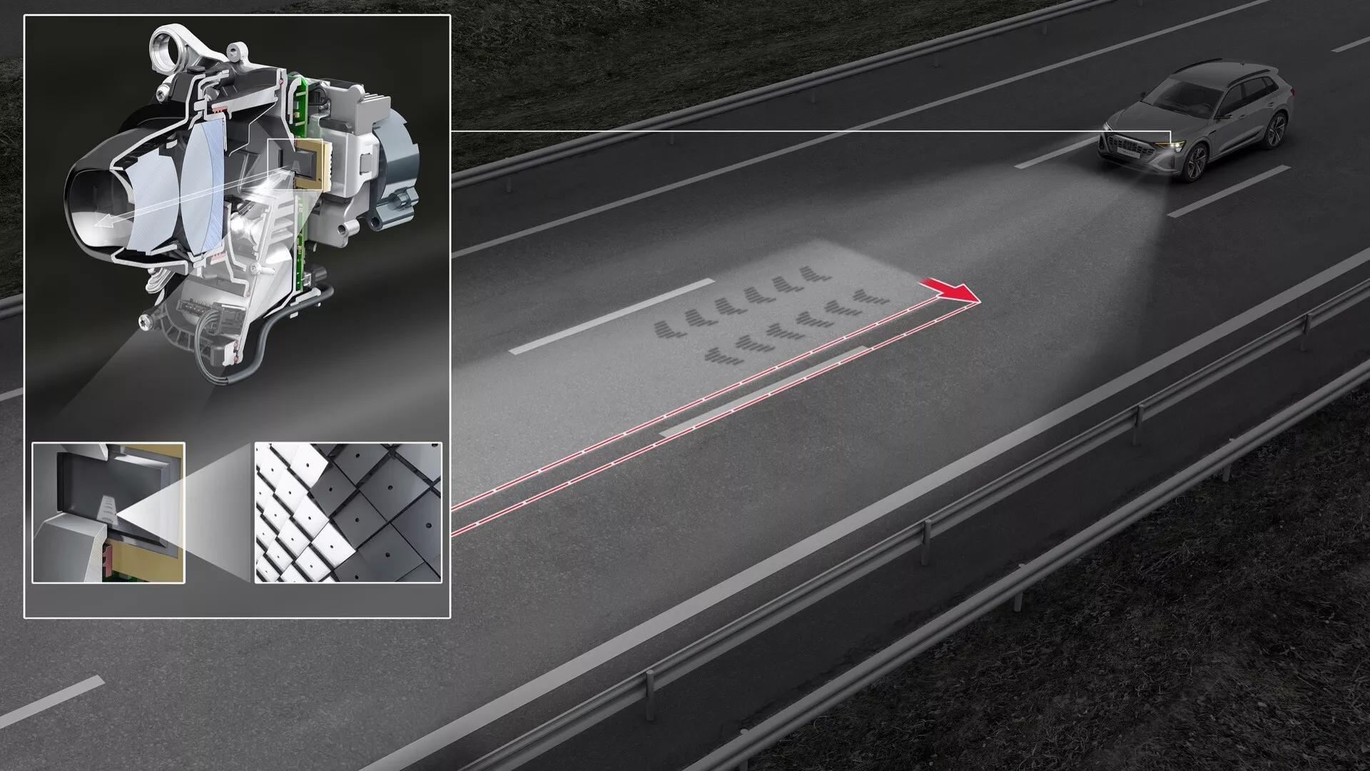 Audi Q8 e-tron 2023 apresentando tecnologia avançada de faróis em uma estrada noturna, com padrões de luz adaptativos e close-up detalhado de faróis LED ou a laser e imagem térmica