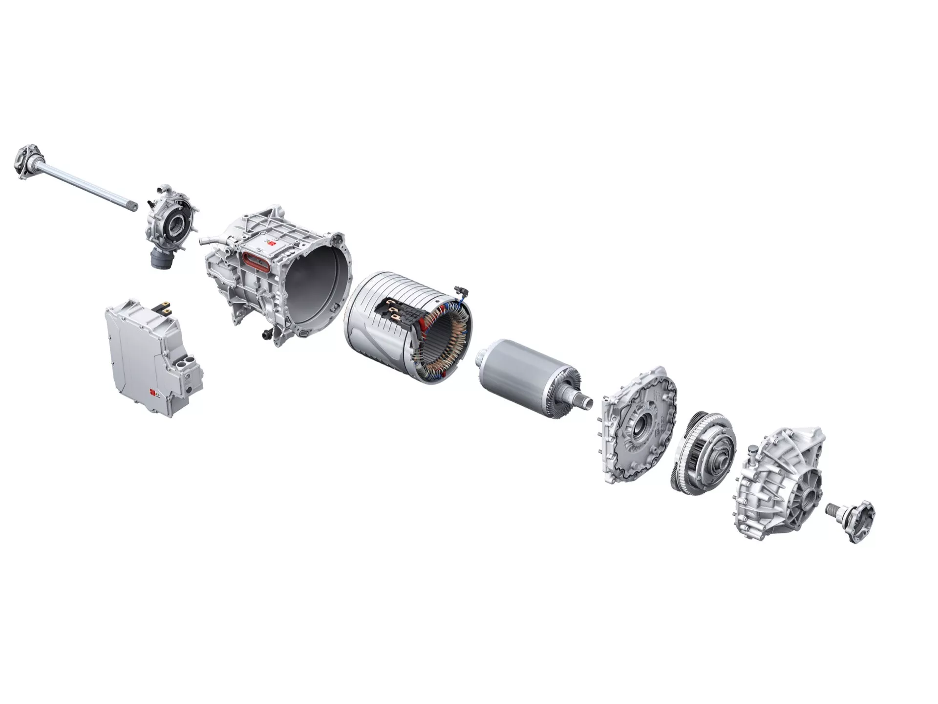 Layout dos componentes do trem de força do veículo desmontados ilustrando motor, turbocompressor, transmissão, volante bimassa e diferencial do Audi Q8 e-tron 2023