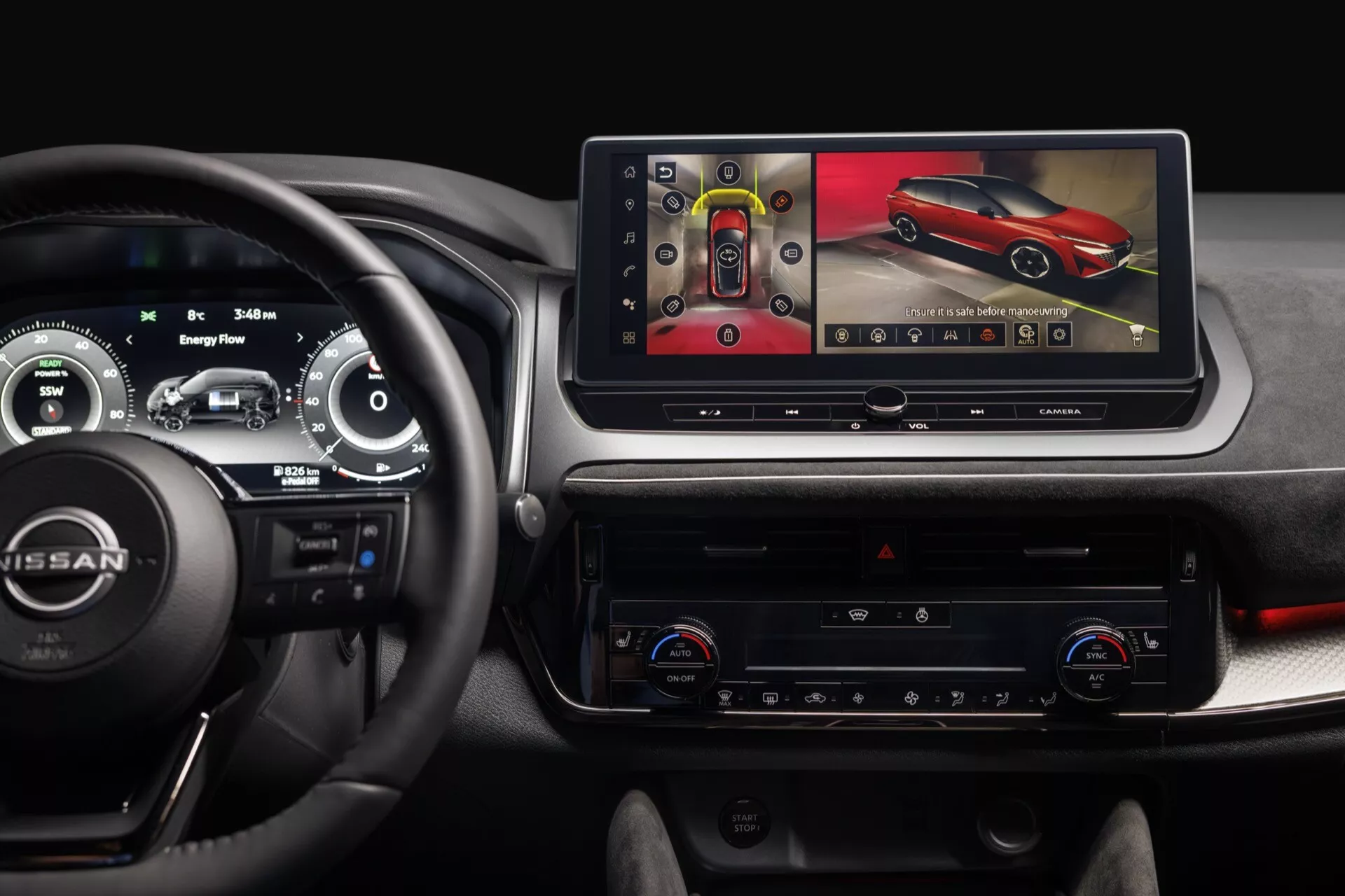 Vista interior do Nissan Qashqai 2024 (J12-facelift) a partir do assento do motorista, focando no painel central com tela do sistema de infoentretenimento, avançada câmera surround-view de 360 graus para assistência de estacionamento, painel de instrumentos digital indicando trem de força híbrido ou totalmente elétrico, e painel de controle de clima fácil de usar, exibindo um interior moderno e tecnologicamente equipado.