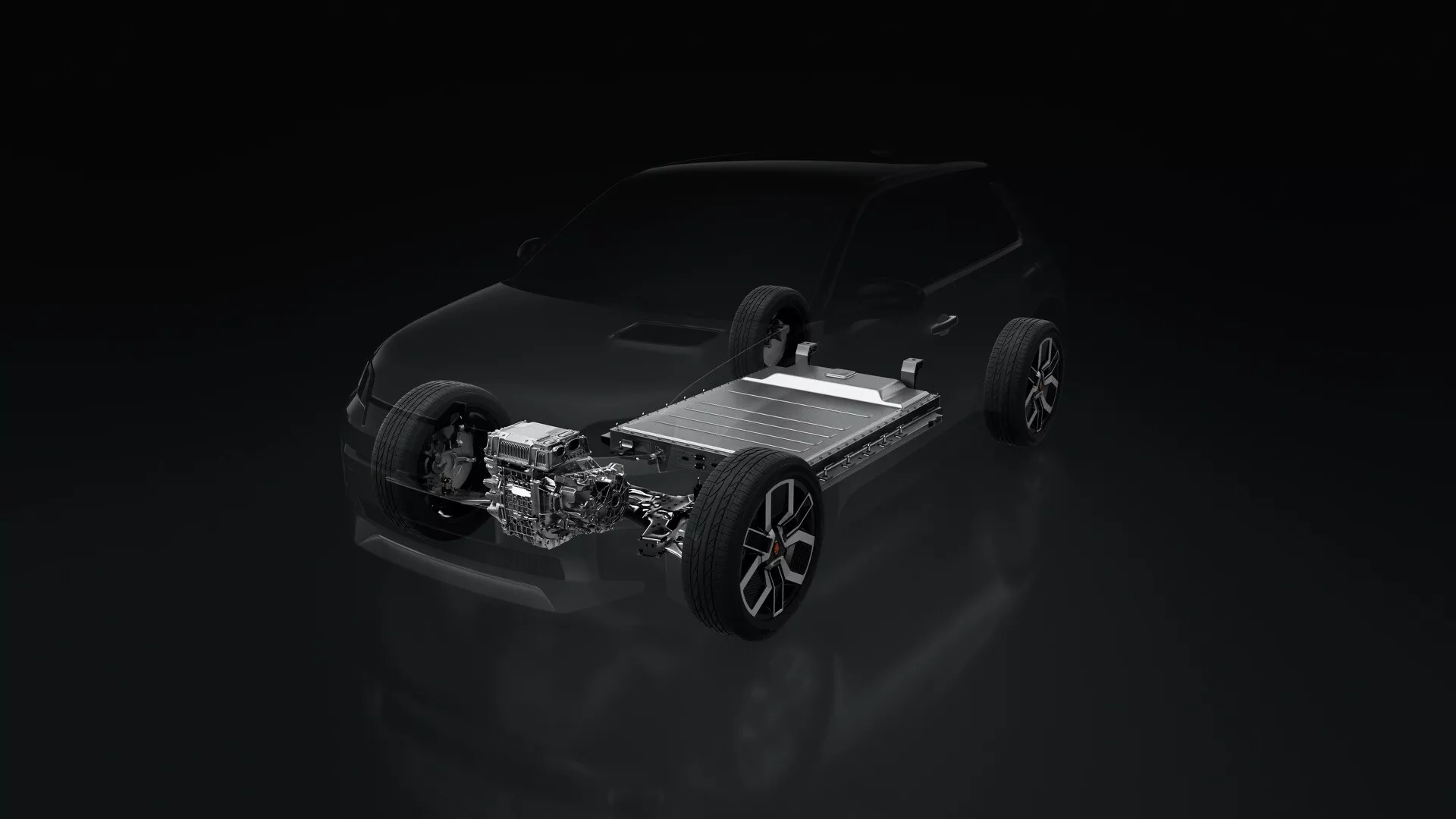 Renault R5 2024 apresentando tecnologia de carro elétrico com chassi, trem de força e rodas visíveis de uma perspectiva frontal e lateral
