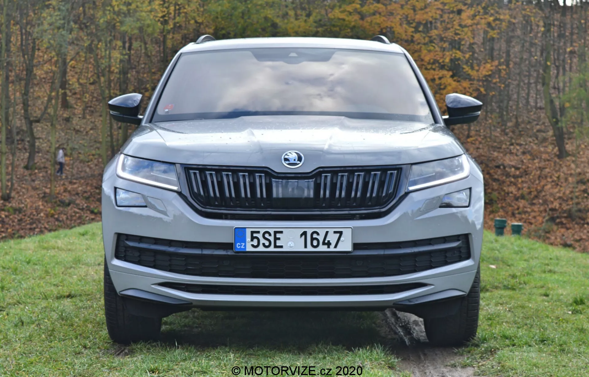Vista frontal de um Škoda Kodiaq 2017 posicionado em uma área gramada com árvores ao fundo, destacando seu emblema proeminente, grade com lâminas horizontais, faróis estreitos, placa de licença centralmente montada, capô contornado e design aerodinâmico do para-choque, capturado sob luz natural.