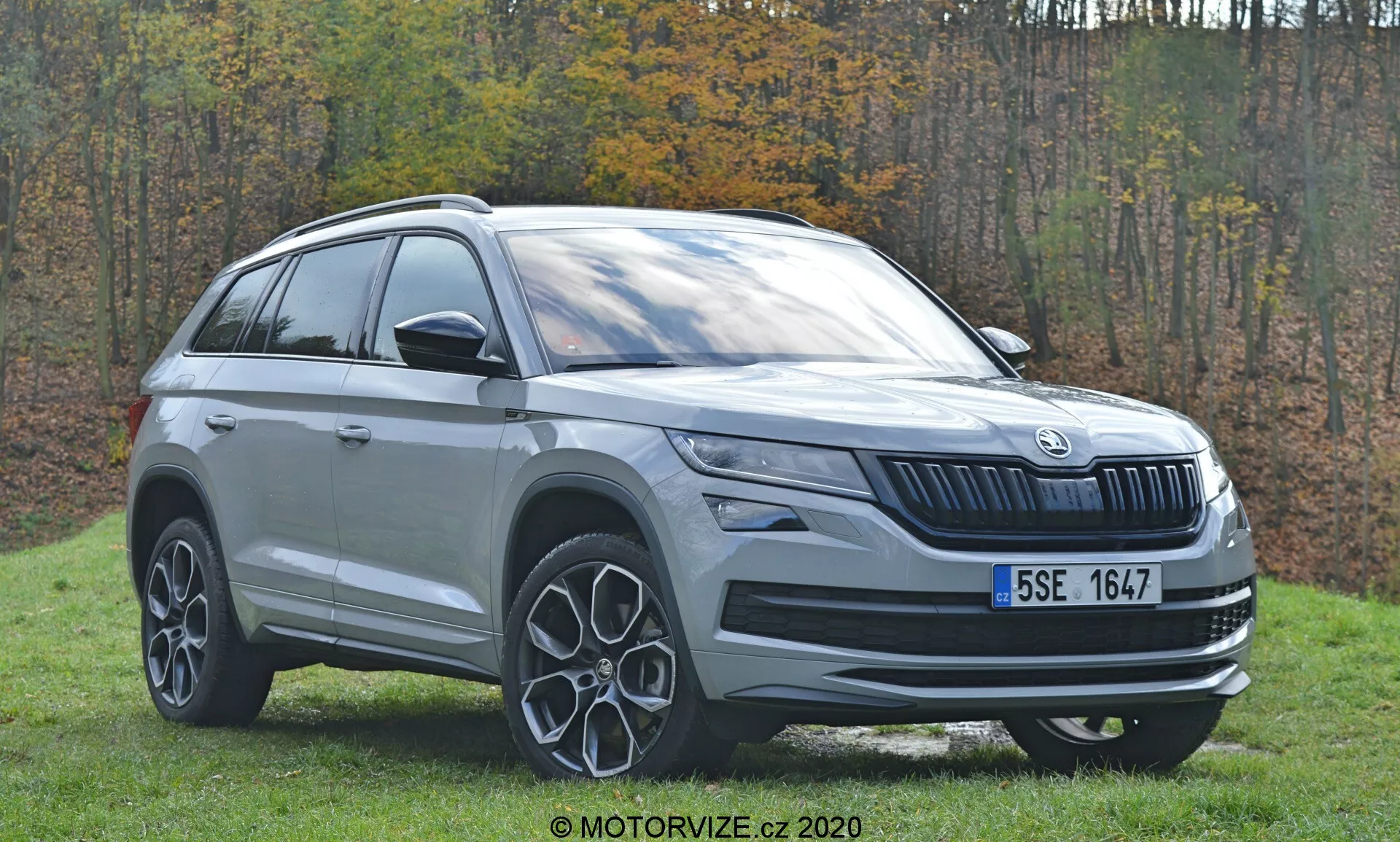 Esta imagem apresenta um SUV Škoda Kodiaq 2017 capturado a partir de um ângulo frontal de três quartos, focando no lado esquerdo do veículo. A foto destaca a grade frontal com o design característico de lâminas verticais da Škoda, a configuração dos faróis provavelmente com tecnologia LED e o logotipo da marca no centro. O perfil lateral inclui a porta do motorista à frente, a porta do passageiro atrás, os trilhos do teto e partes do quarto traseiro. As rodas de liga leve com design de raios são também claramente visíveis. O cenário ao ar livre com fundo gramado e folhagem de outono realça a estética do moderno SUV.