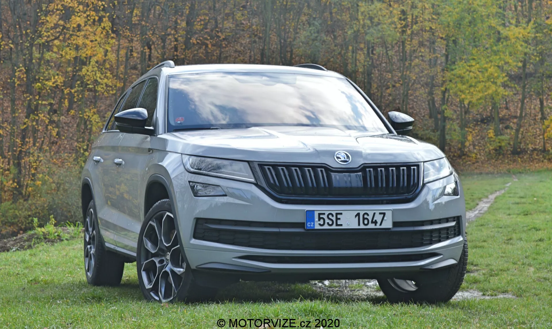 Vista frontal de três quartos de um SUV moderno Skoda Kodiaq 2017 estacionado sobre uma área gramada com árvores ao fundo. As características visíveis incluem uma grade frontal proeminente com lâminas verticais e emblema da marca central, faróis horizontais elegantes com luzes diurnas de LED, alta altura do solo, grandes rodas de liga leve multi-raios, arcos das rodas pronunciados, placa de proteção prateada, linhas de contorno distintas no capô, espelhos laterais na cor da carroceria com luzes de alteração de direção integradas, vidros laterais escurecidos, linha do teto ligeiramente inclinada para trás com trilhos de teto.